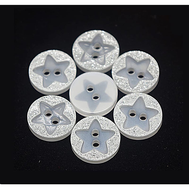 vingol 50 PCS Flower Star Pattern Glitter Buttons Resin 2 Holes Button for Sewing Scrapbooking and DIY Craft (Glitter Star 12.5mm) - Image 1